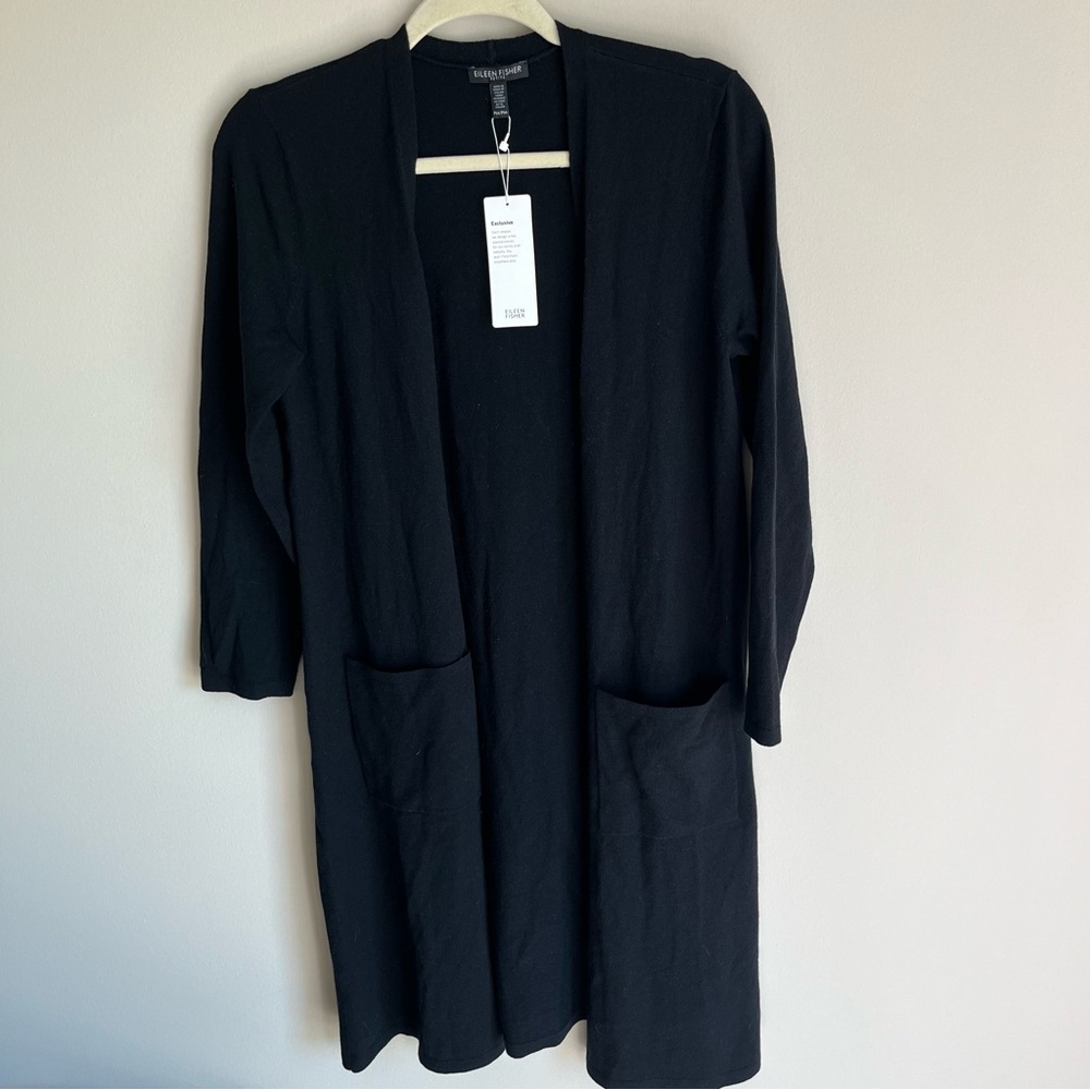 Eileen Fisher NEW Black Open Front Cardigan w/ Pockets 87% Wool Petite Medium